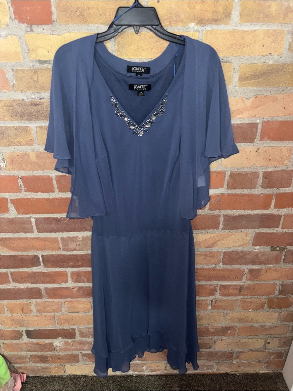 IGNITE Evening Navy Blue Beaded Chiffon Dress